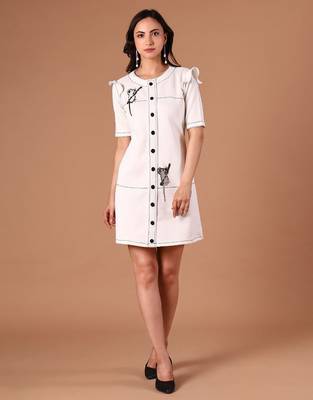 Ivory embroidered polyester blend shift dress for women 1