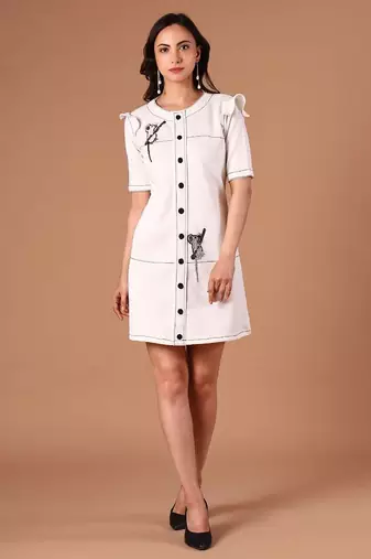 Ivory embroidered polyester blend shift dress for women
