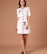 Ivory embroidered polyester blend shift dress for women