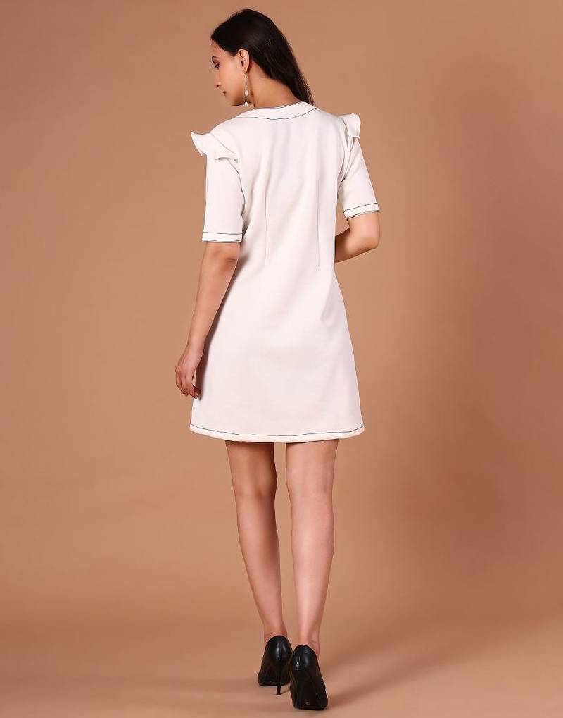 Ivory embroidered polyester blend shift dress for women