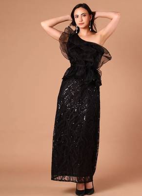 Black sequin embroidered one-shoulder maxi dress for women 1