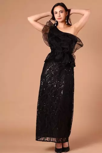 Black sequin embroidered one-shoulder maxi dress for women