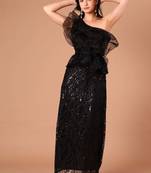 Black sequin embroidered one-shoulder maxi dress for women