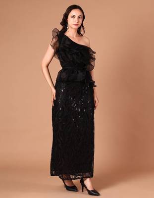 Black sequin embroidered one-shoulder maxi dress for women 2