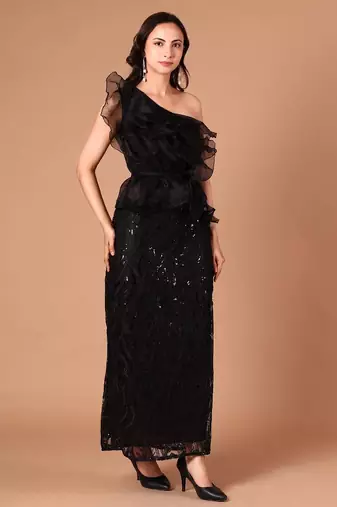 Black sequin embroidered one-shoulder maxi dress for women