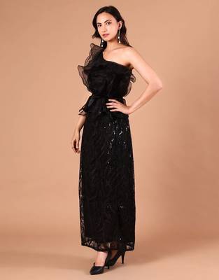 Black sequin embroidered one-shoulder maxi dress for women 3