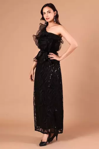 Black sequin embroidered one-shoulder maxi dress for women