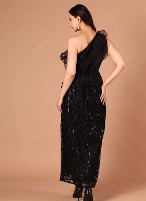 Black sequin embroidered one-shoulder maxi dress for women 4