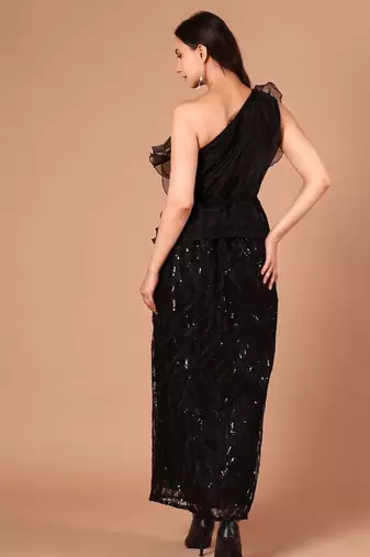 Black sequin embroidered one-shoulder maxi dress for women