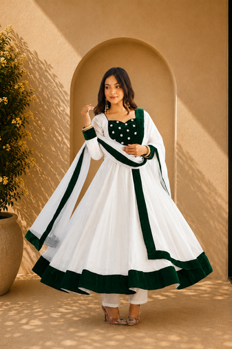 white Embroidery and Seuence Work Anarkali Gown With Pant and Dupatta 3pc set