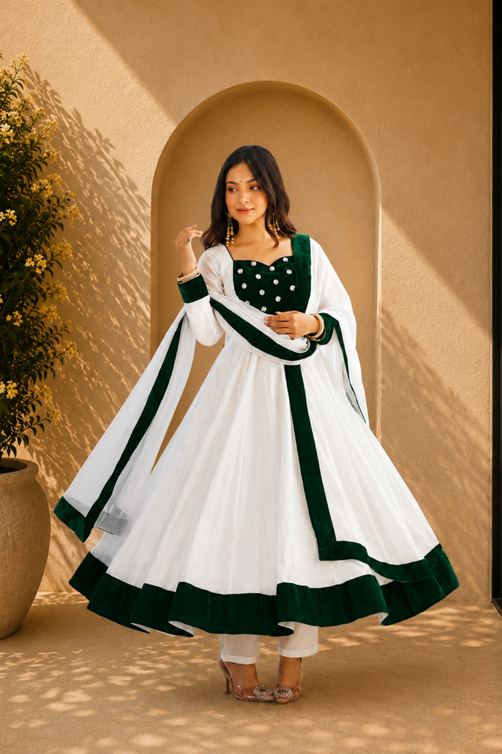 white Embroidery and Seuence Work Anarkali Gown With Pant and Dupatta 3pc set