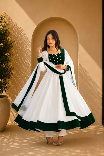 white Embroidery and Seuence Work Anarkali Gown With Pant and Dupatta 3pc set