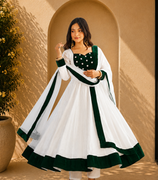 white Embroidery and Seuence Work Anarkali Gown With Pant and Dupatta 3pc set