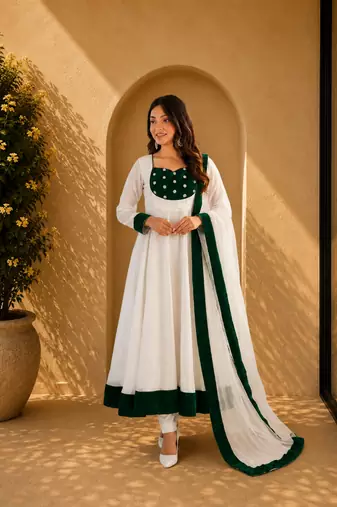 white Embroidery and Seuence Work Anarkali Gown With Pant and Dupatta 3pc set