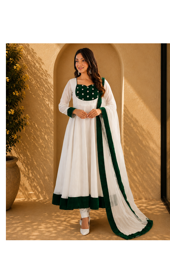 white Embroidery and Seuence Work Anarkali Gown With Pant and Dupatta 3pc set 3