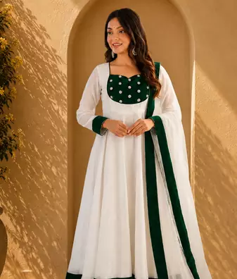 white Embroidery and Seuence Work Anarkali Gown With Pant and Dupatta 3pc set