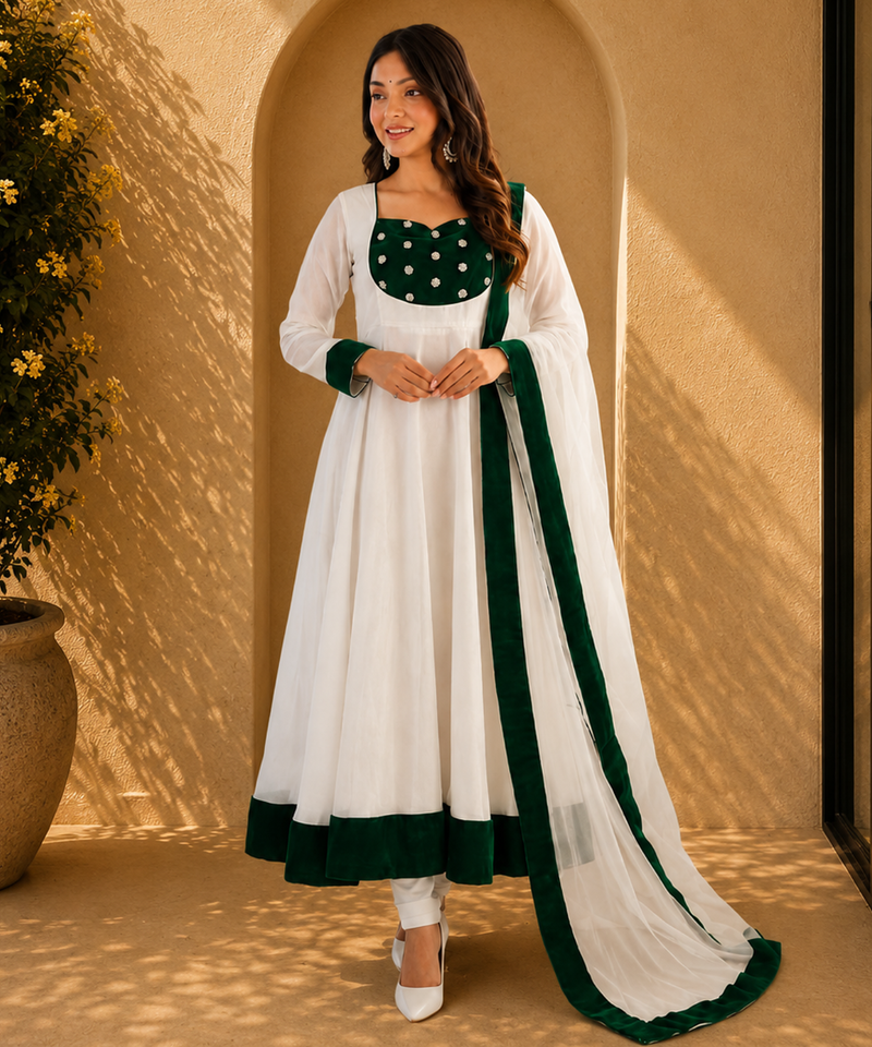 white Embroidery and Seuence Work Anarkali Gown With Pant and Dupatta 3pc set