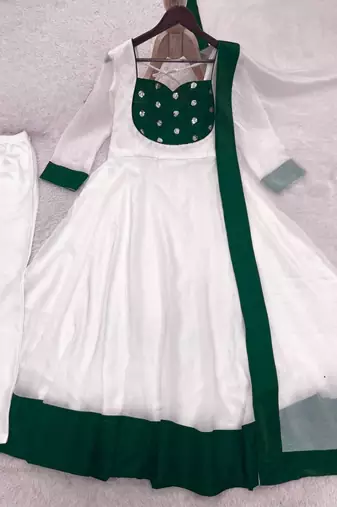 white Embroidery and Seuence Work Anarkali Gown With Pant and Dupatta 3pc set