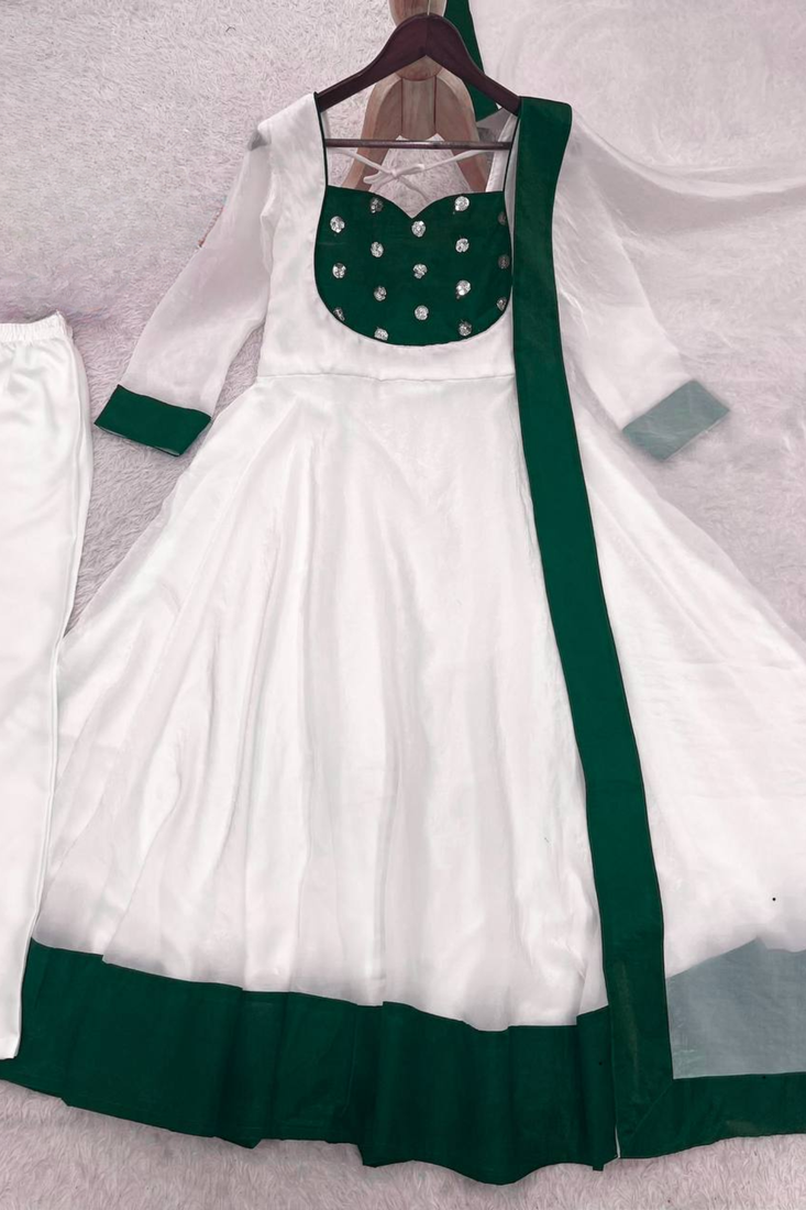 white Embroidery and Seuence Work Anarkali Gown With Pant and Dupatta 3pc set