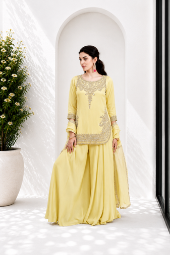 Light Yellow Pure Natural Crepe kurta With Heavy Embroidery and Sequence Work with Palazzo and Dupatta