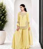 Light Yellow Pure Natural Crepe kurta With Heavy Embroidery and Sequence Work with Palazzo and Dupatta