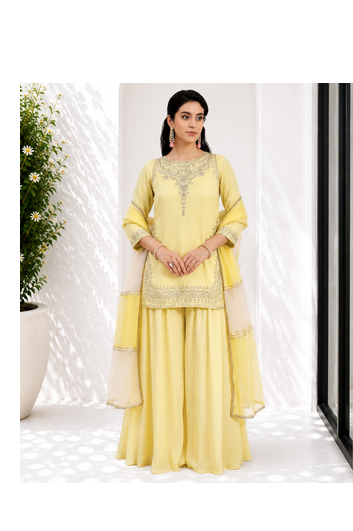 Light Yellow Pure Natural Crepe kurta With Heavy Embroidery and Sequence Work with Palazzo and Dupatta 2