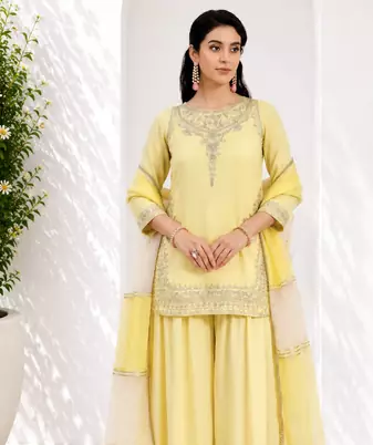 Light Yellow Pure Natural Crepe kurta With Heavy Embroidery and Sequence Work with Palazzo and Dupatta