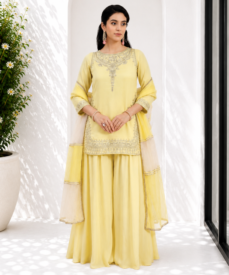 Light Yellow Pure Natural Crepe kurta With Heavy Embroidery and Sequence Work with Palazzo and Dupatta