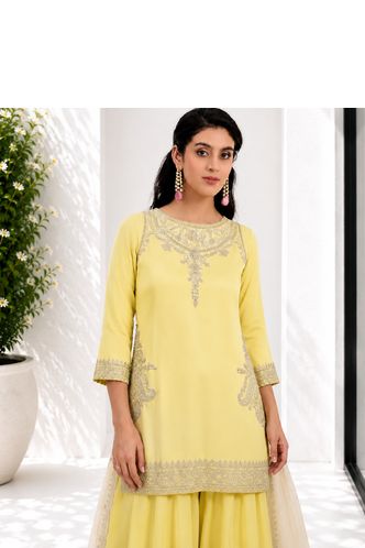 Light Yellow Pure Natural Crepe kurta With Heavy Embroidery and Sequence Work with Palazzo and Dupatta 3