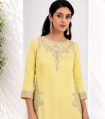 Light Yellow Pure Natural Crepe kurta With Heavy Embroidery and Sequence Work with Palazzo and Dupatta