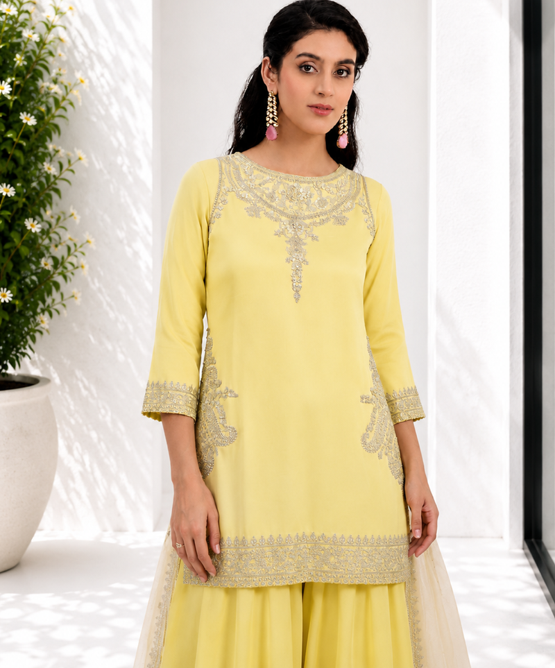 Light Yellow Pure Natural Crepe kurta With Heavy Embroidery and Sequence Work with Palazzo and Dupatta