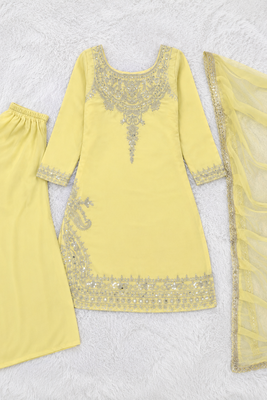 Light Yellow Pure Natural Crepe kurta With Heavy Embroidery and Sequence Work with Palazzo and Dupatta 4