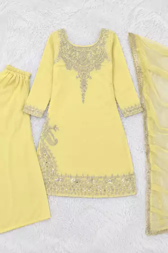 Light Yellow Pure Natural Crepe kurta With Heavy Embroidery and Sequence Work with Palazzo and Dupatta