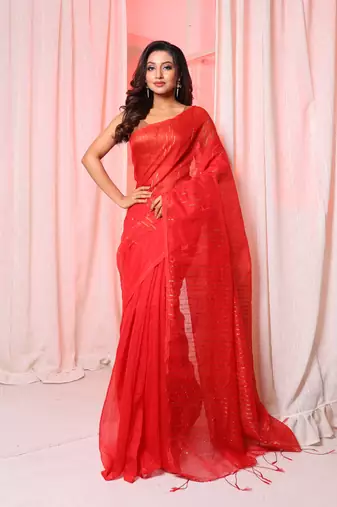 Red handloom cotton blend saree with gorgeous pallu