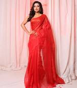 Red handloom cotton blend saree with gorgeous pallu
