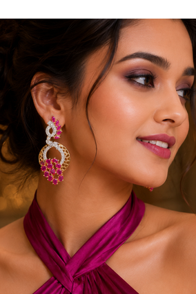Gold Finish American Diamond Ruby Cluster Drop Earrings 1