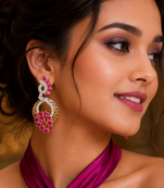 Gold Finish American Diamond Ruby Cluster Drop Earrings