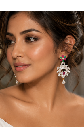 Gold Finish American Diamond Floral Drop Earrings 1