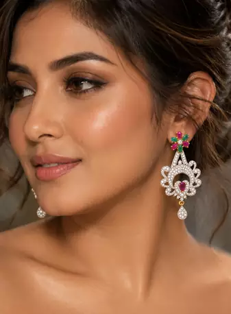 Gold Finish American Diamond Floral Drop Earrings
