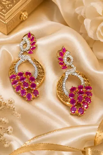 Gold Finish American Diamond Ruby Cluster Drop Earrings