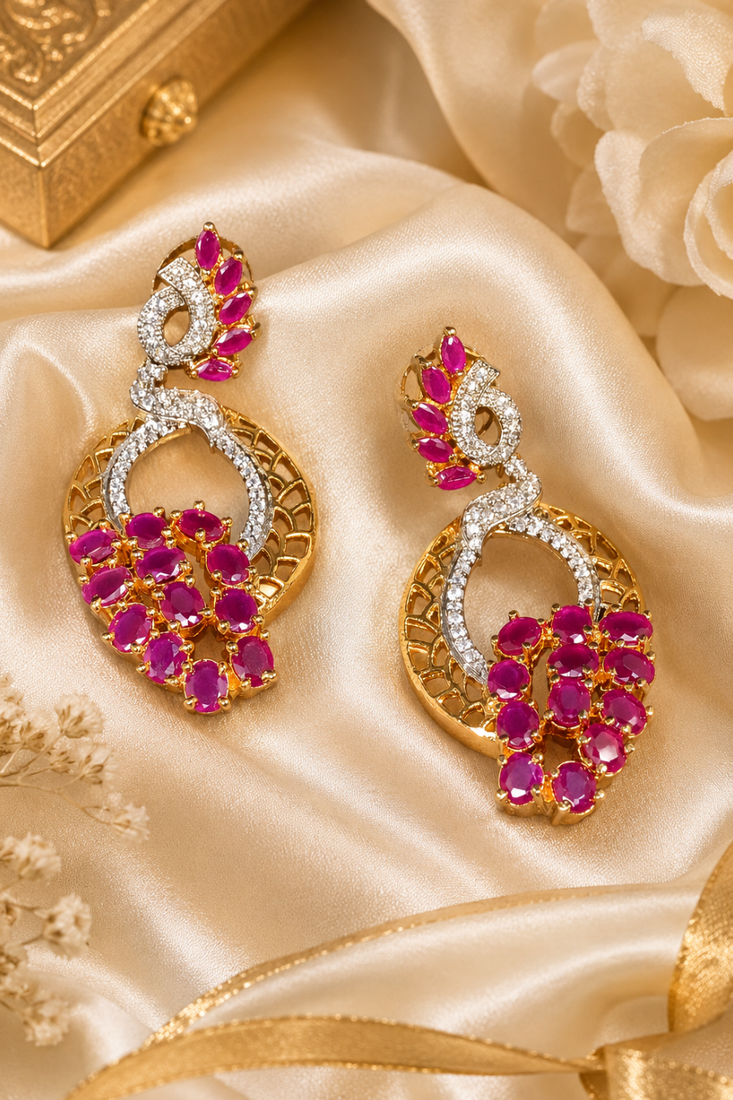 Gold Finish American Diamond Ruby Cluster Drop Earrings