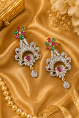 Gold Finish American Diamond Floral Drop Earrings 2