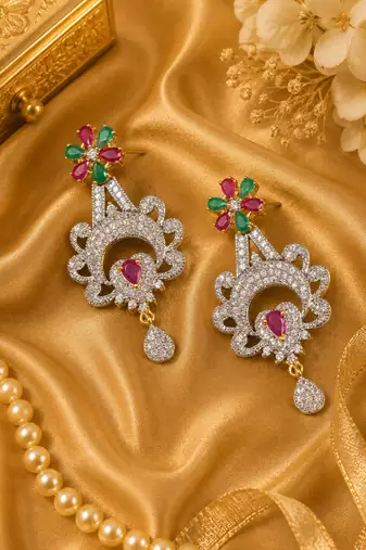 Gold Finish American Diamond Floral Drop Earrings