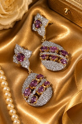 Gold Finish American Diamond Purple Stone Drop Earrings 1