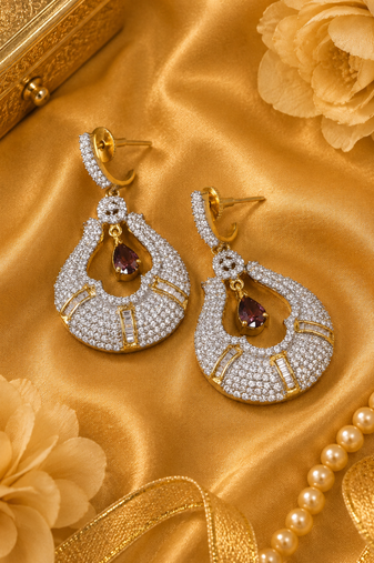 Gold Finish American Diamond Teardrop Earrings