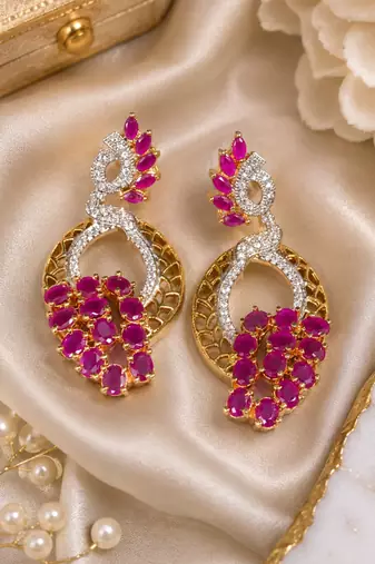Gold Finish American Diamond Ruby Cluster Drop Earrings