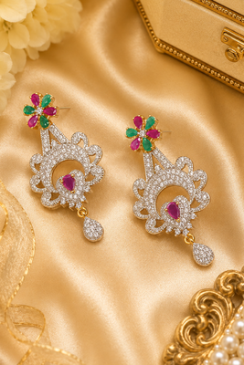Gold Finish American Diamond Floral Drop Earrings 3
