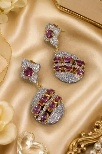 Gold Finish American Diamond Purple Stone Drop Earrings