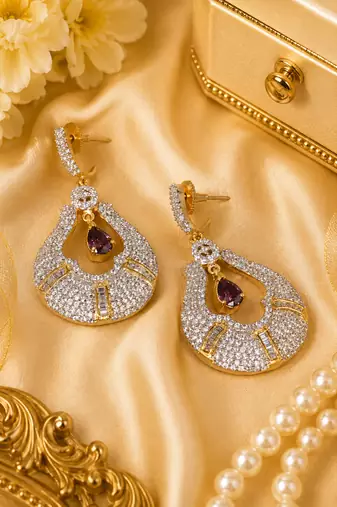 Gold Finish American Diamond Teardrop Earrings