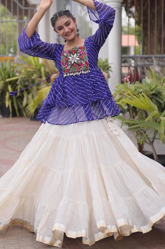 Blue Georgette Leheriya Print Katchi Peplum Blouse With Flared Lehenga
